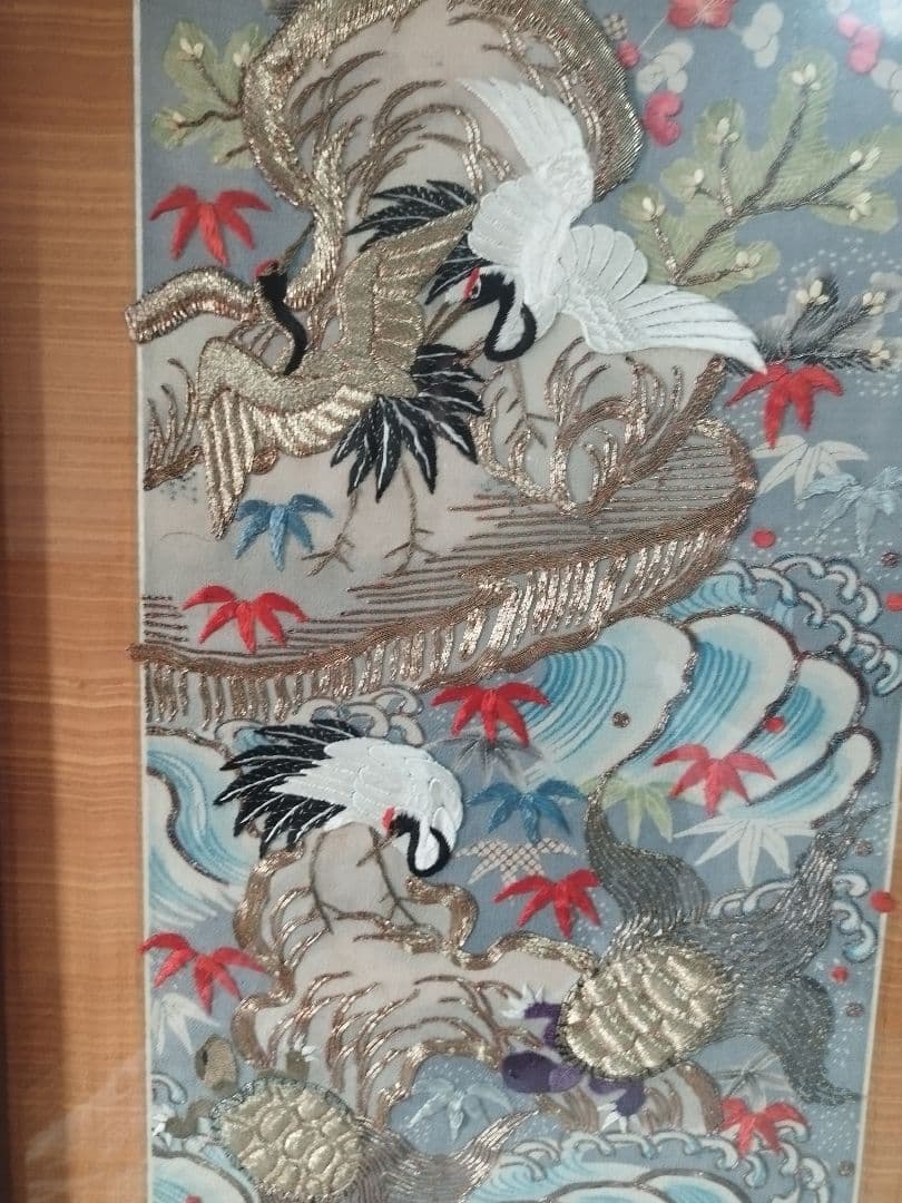 開運■縁起物■鶴亀太古岩紋様・縮緬打掛(額装仕上げ)華麗なる繊細な和装文化刺繍