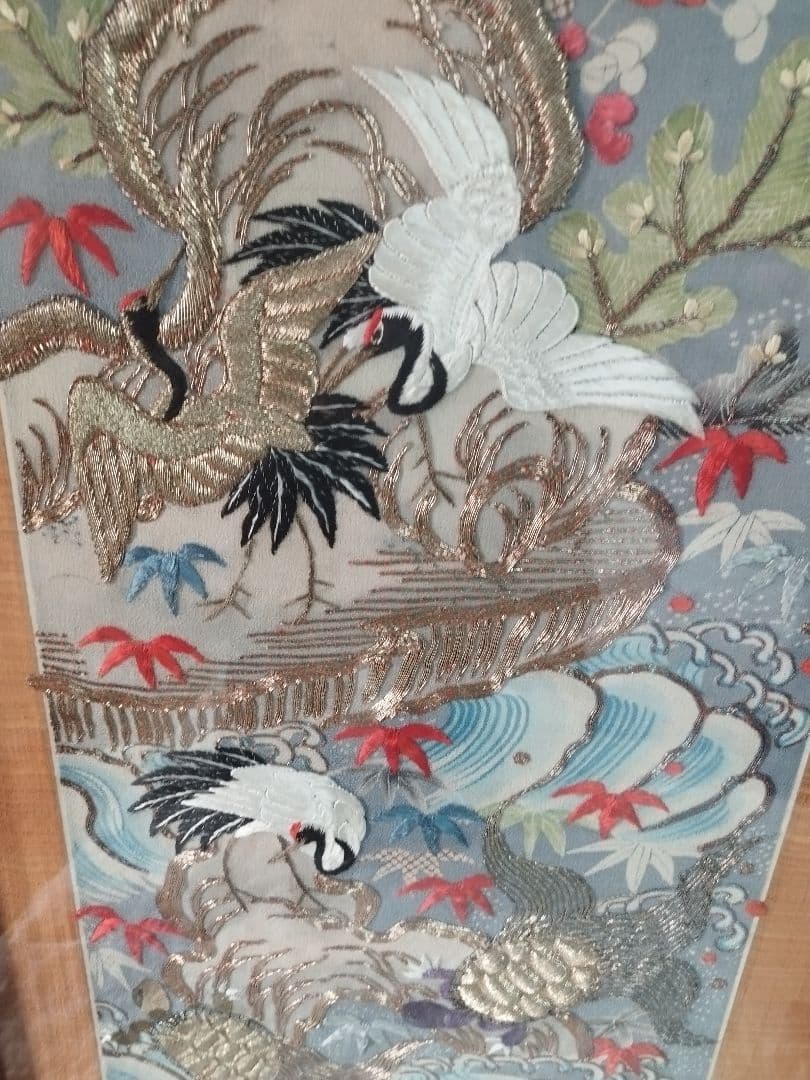 開運■縁起物■鶴亀太古岩紋様・縮緬打掛(額装仕上げ)華麗なる繊細な和装文化刺繍