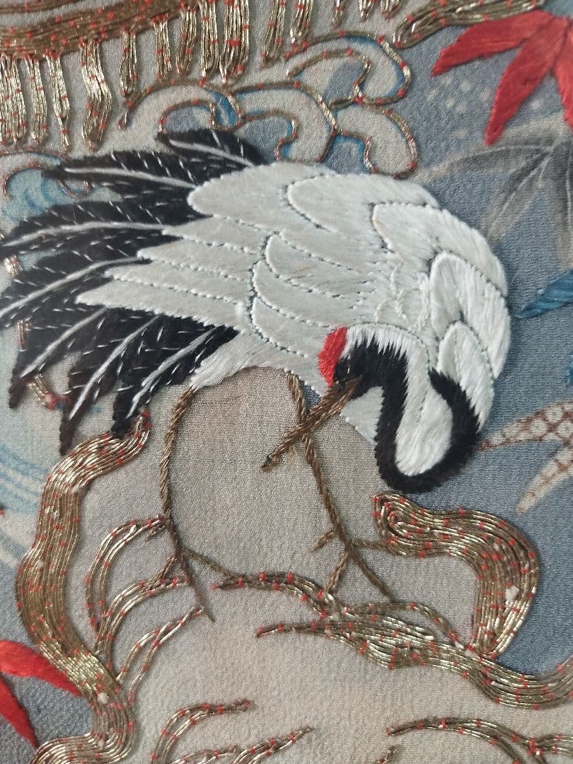 開運■縁起物■鶴亀太古岩紋様・縮緬打掛(額装仕上げ)華麗なる繊細な和装文化刺繍