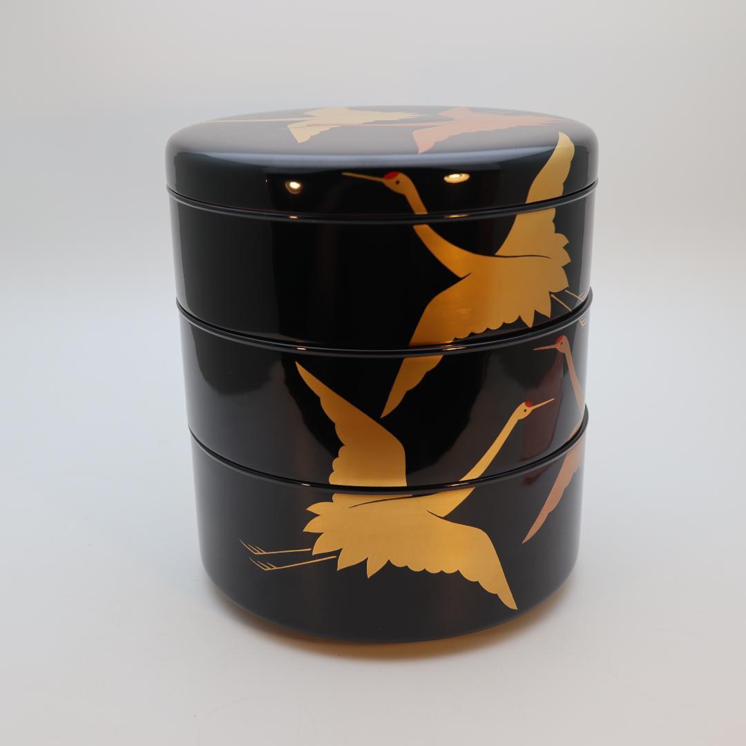 輪島塗　鶴蒔絵　三段重箱　丸型　丸重箱