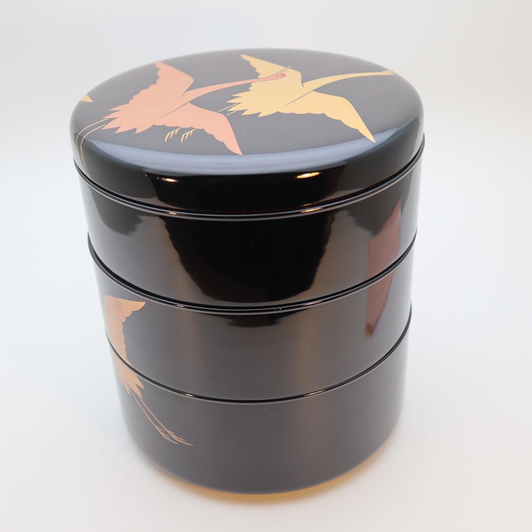 輪島塗　鶴蒔絵　三段重箱　丸型　丸重箱