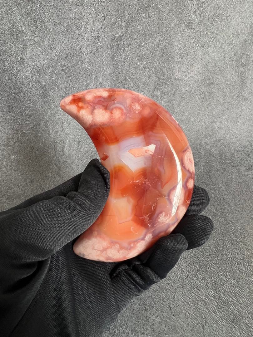 高品質　カーネリアン　フラワーアゲート　桜瑪瑙　月　ムーン　台座付き