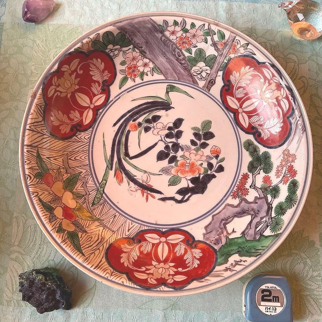 幕末明治　染付　色絵　草花紋　大皿