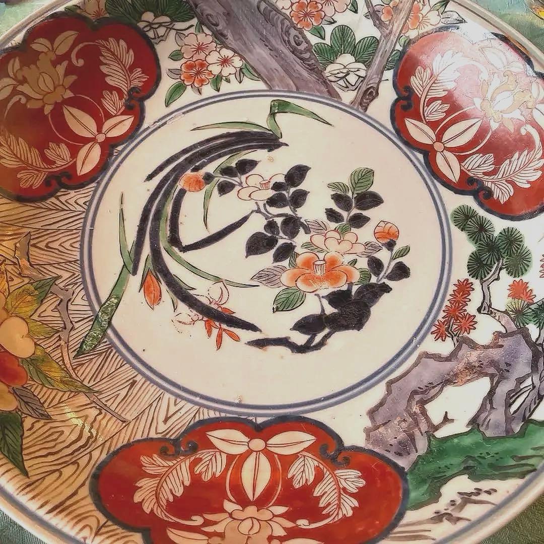 幕末明治　染付　色絵　草花紋　大皿