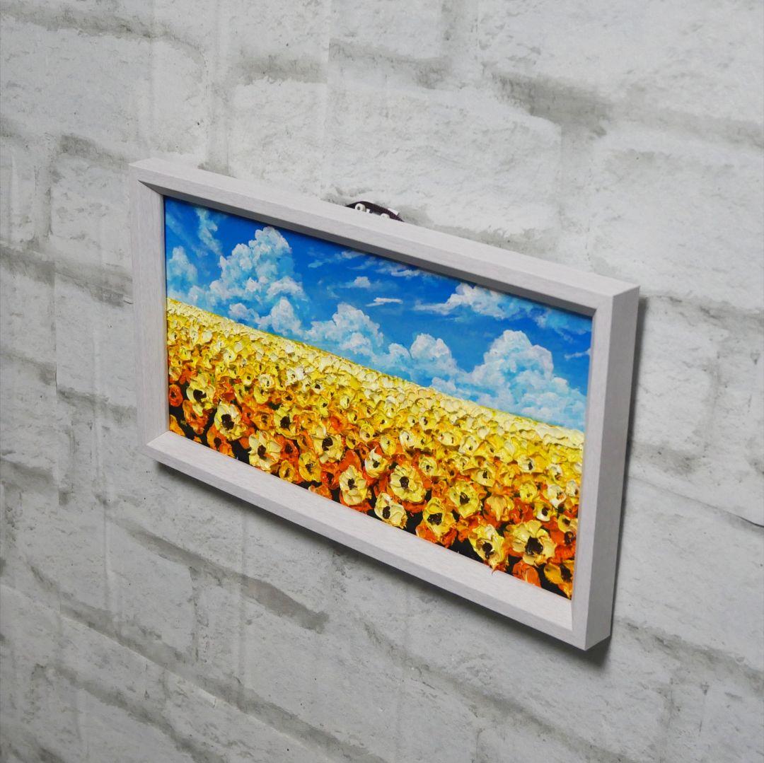 油絵 ミニ長方形 絵画 【空と雲のひまわり畑】