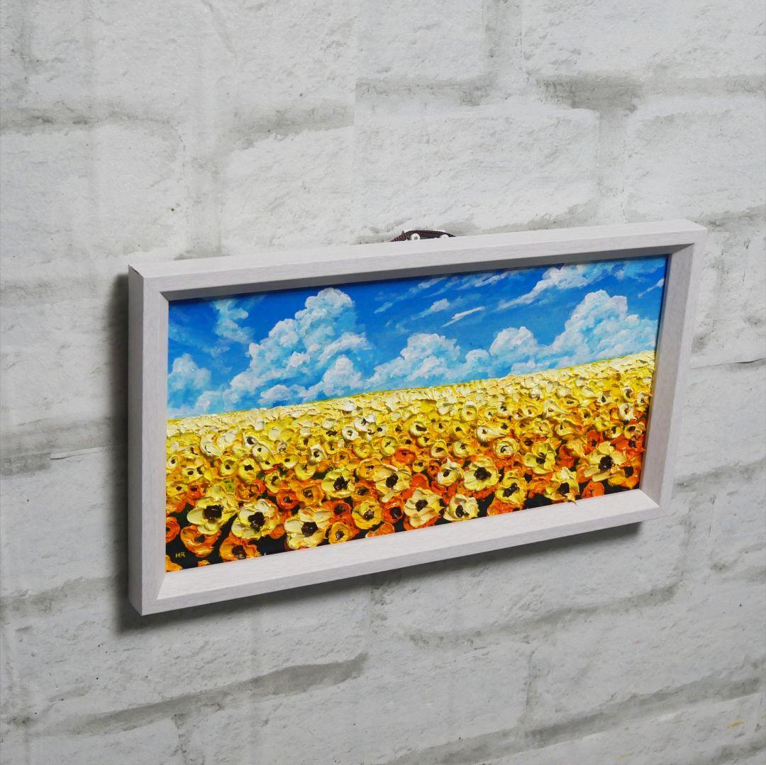 油絵 ミニ長方形 絵画 【空と雲のひまわり畑】