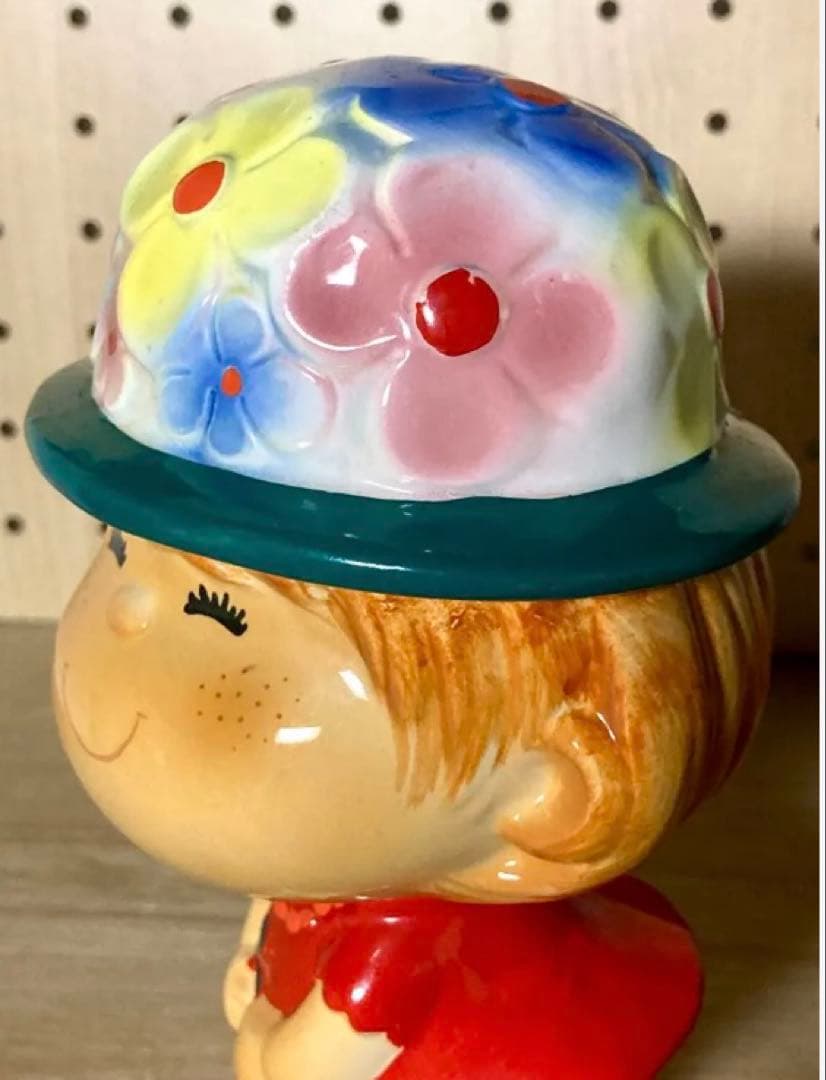 20日まで値下げ 水森亜土 当時物 陶器製 貯金箱 昭和レトロ