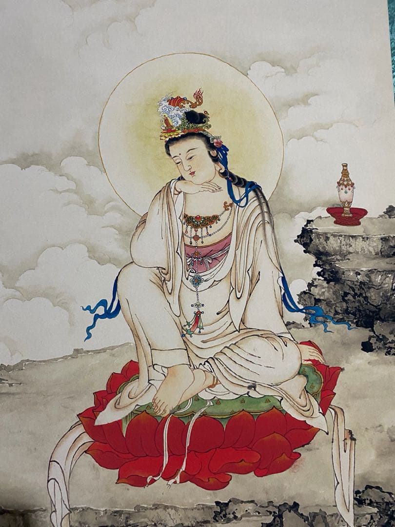 张大千 童子拜观音 中国画 掛け軸 水墨画 和室 玄関 茶室 壁掛け 美術品