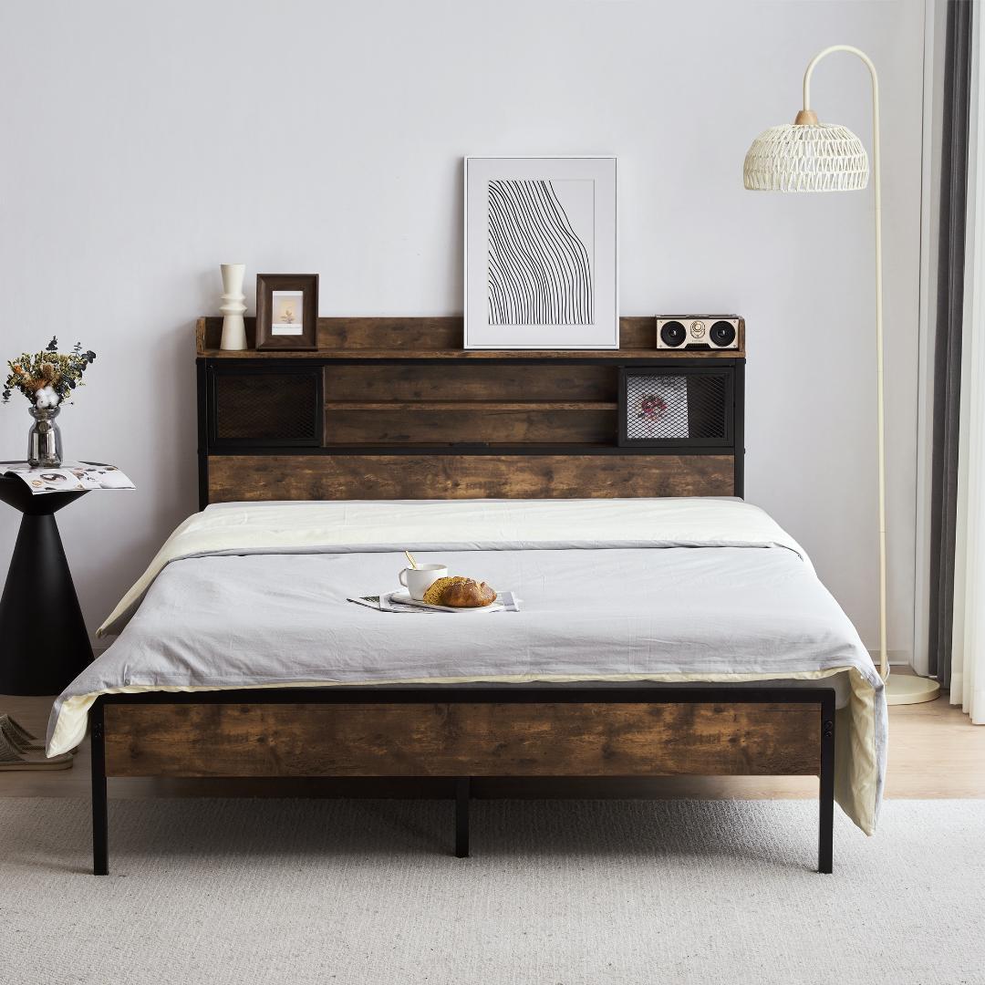 数量限定！売切ゴメン　D・ダブル　高級ベッドフレーム・コンセント付き　BROWN