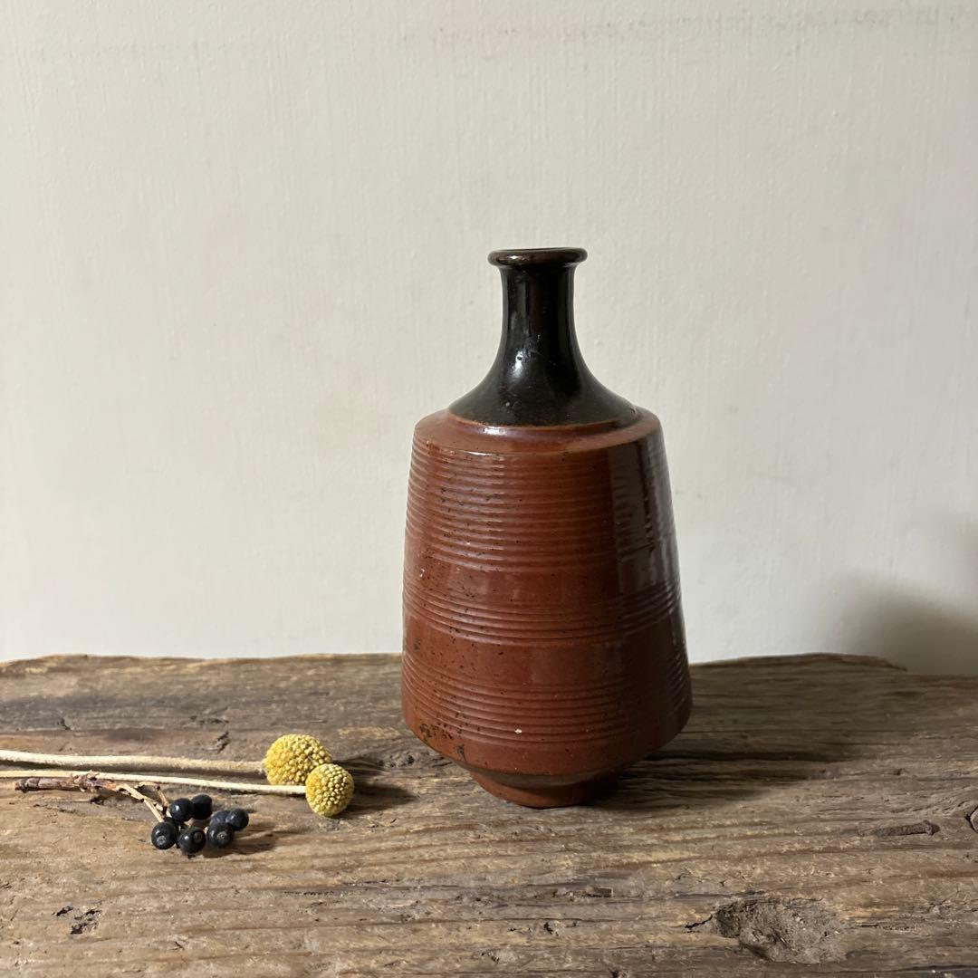 大堀相馬鉄釉もしくは古丹波天目釉徳利　古陶磁.骨董.アンティーク.花入.古民芸
