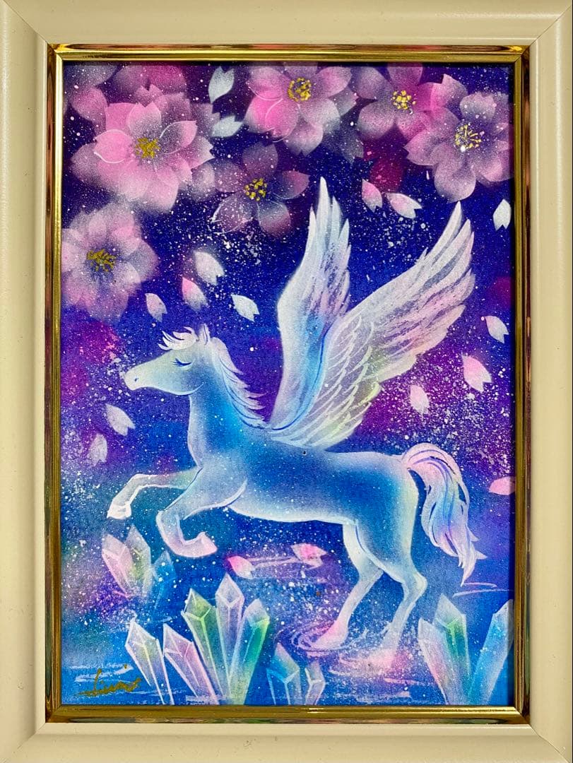 rose pink絵画3点 桜舞うペガサスと水晶　開運絵画
