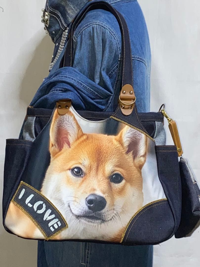☆ハンドメイド☆岡山デニム☆柴犬☆4wayあおりバッグ