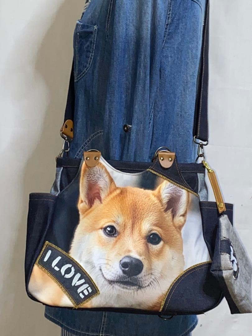 ☆ハンドメイド☆岡山デニム☆柴犬☆4wayあおりバッグ