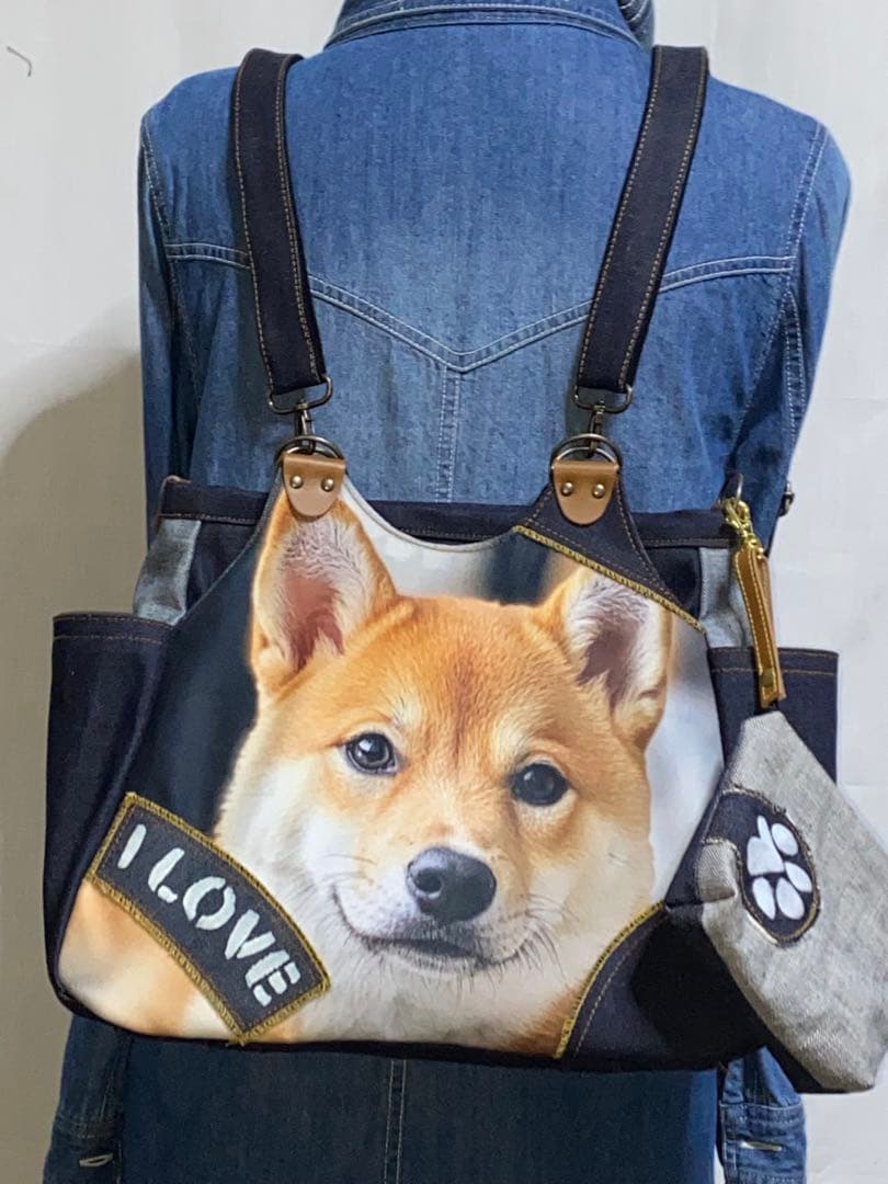 ☆ハンドメイド☆岡山デニム☆柴犬☆4wayあおりバッグ
