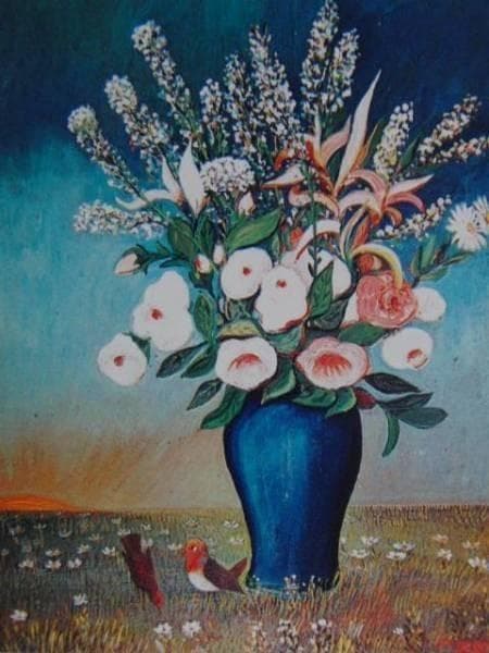 フェルディナン・デスノス、花とロビン、希少画集画、新品額装付