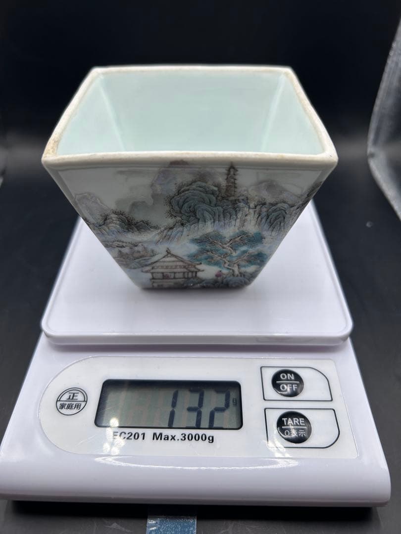 【希少】中国古玩 「大清嘉慶年製」銘 浅絳彩 山水漢詩文 磁器