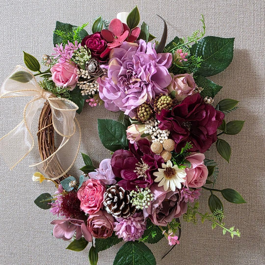 【専用】フラワーリース 秋麗9 咲き誇る花たち 秋色 玄関リース 造花