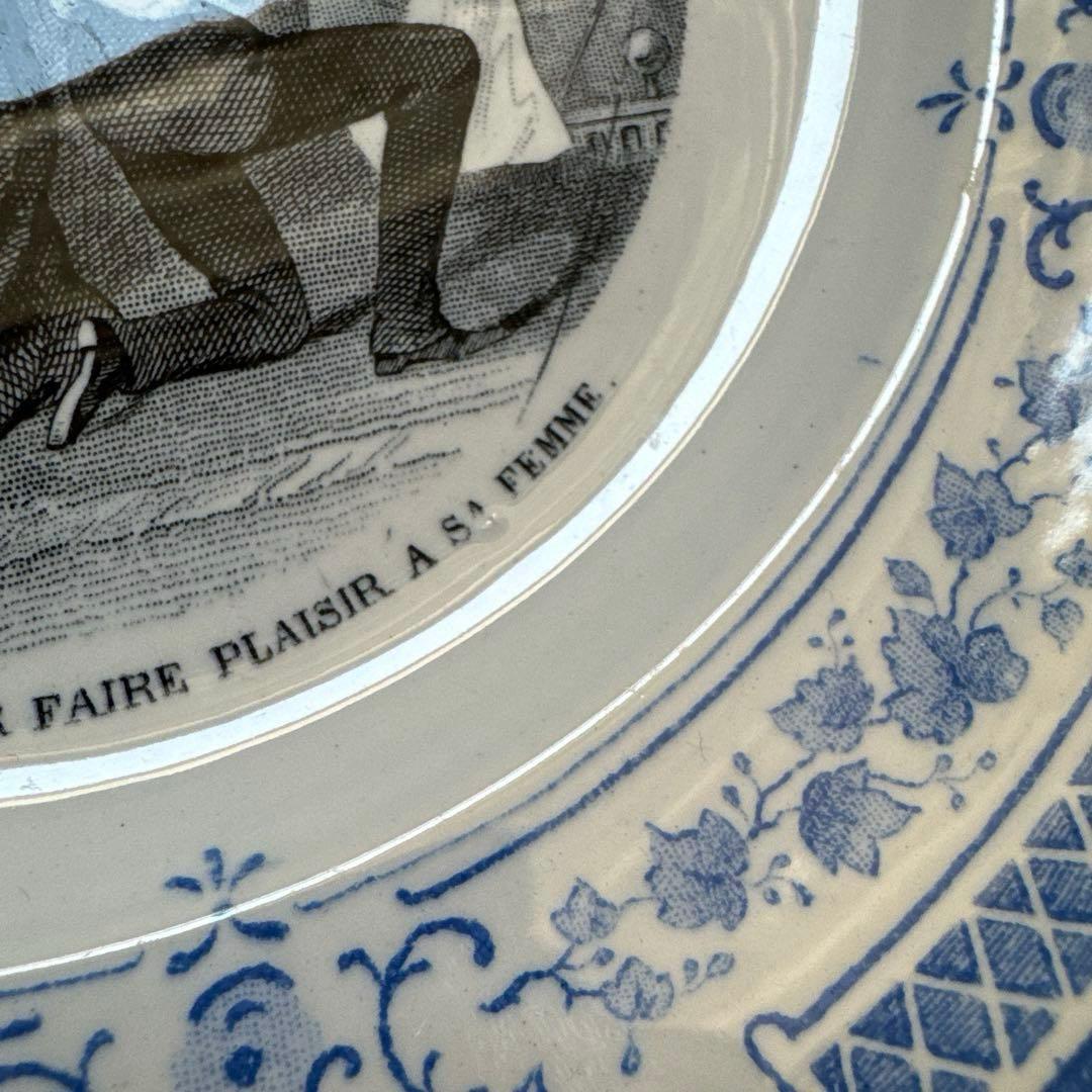 【美品】フランスアンティーク　クレイユエモントロー　グリザイユプレート　平皿