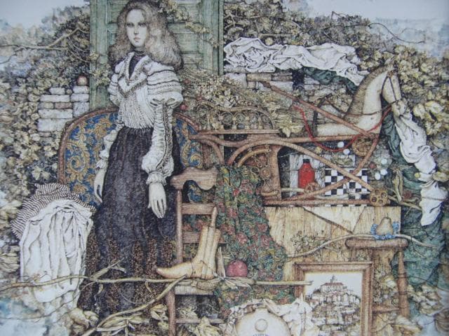 石阪春生、【青い扉と古い木馬】、希少な画集画、新品高級額 額装付