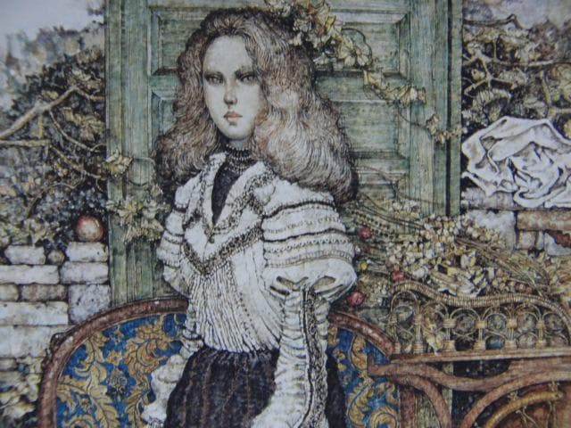 石阪春生、【青い扉と古い木馬】、希少な画集画、新品高級額 額装付