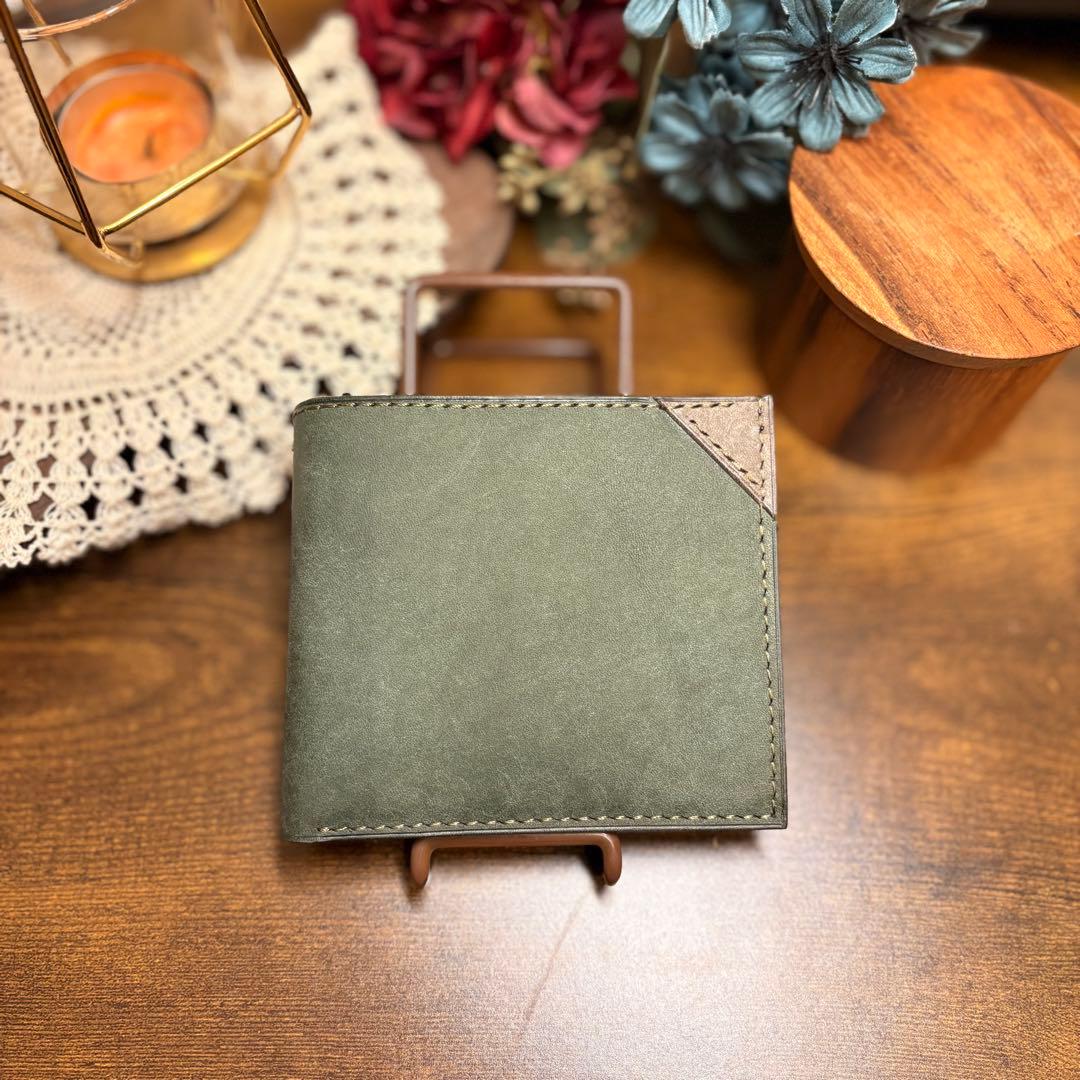 二つ折り財布　レザークラフト　ハンドメイド　本革　ブラウン　グリーン
