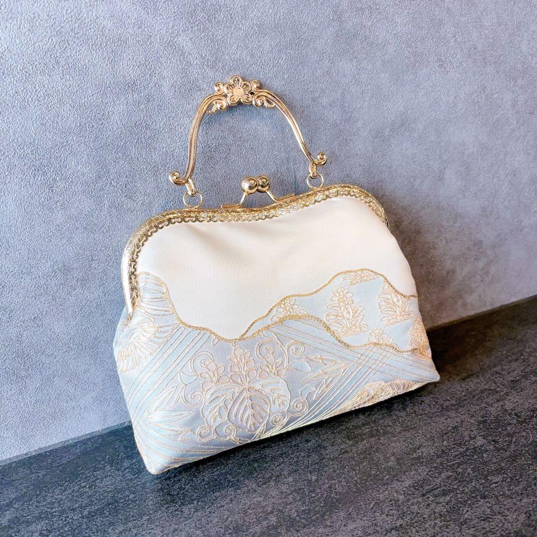 1点限定！！本真珠加工帯の格の高い金駒刺繍最高級西陣帯地！人気のパール系帯バッグ