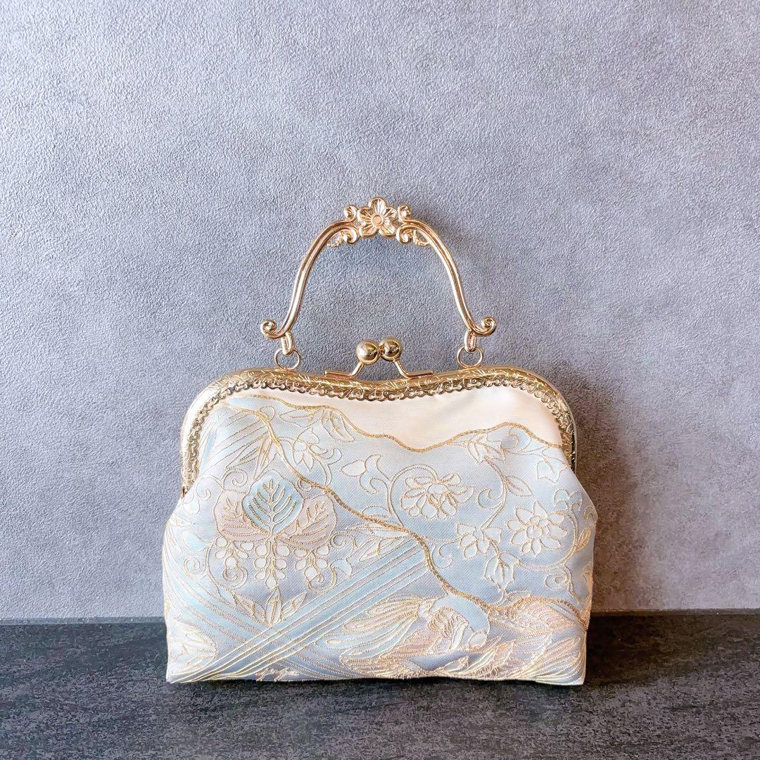 1点限定！！本真珠加工帯の格の高い金駒刺繍最高級西陣帯地！人気のパール系帯バッグ