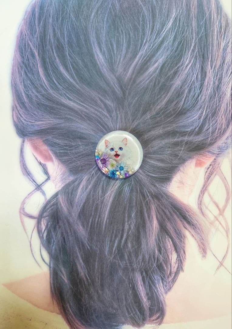 レジン　猫　ヘアゴム　ブローチ　ポニーフック　No.543