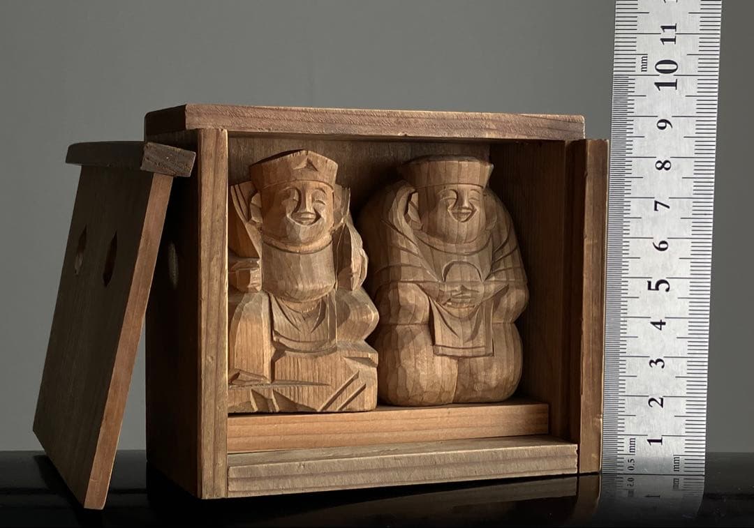 【重ね福 出雲系 恵比寿 大黒天 木彫 約6.5 ㎝ 厨子付き】昭和レトロ民藝