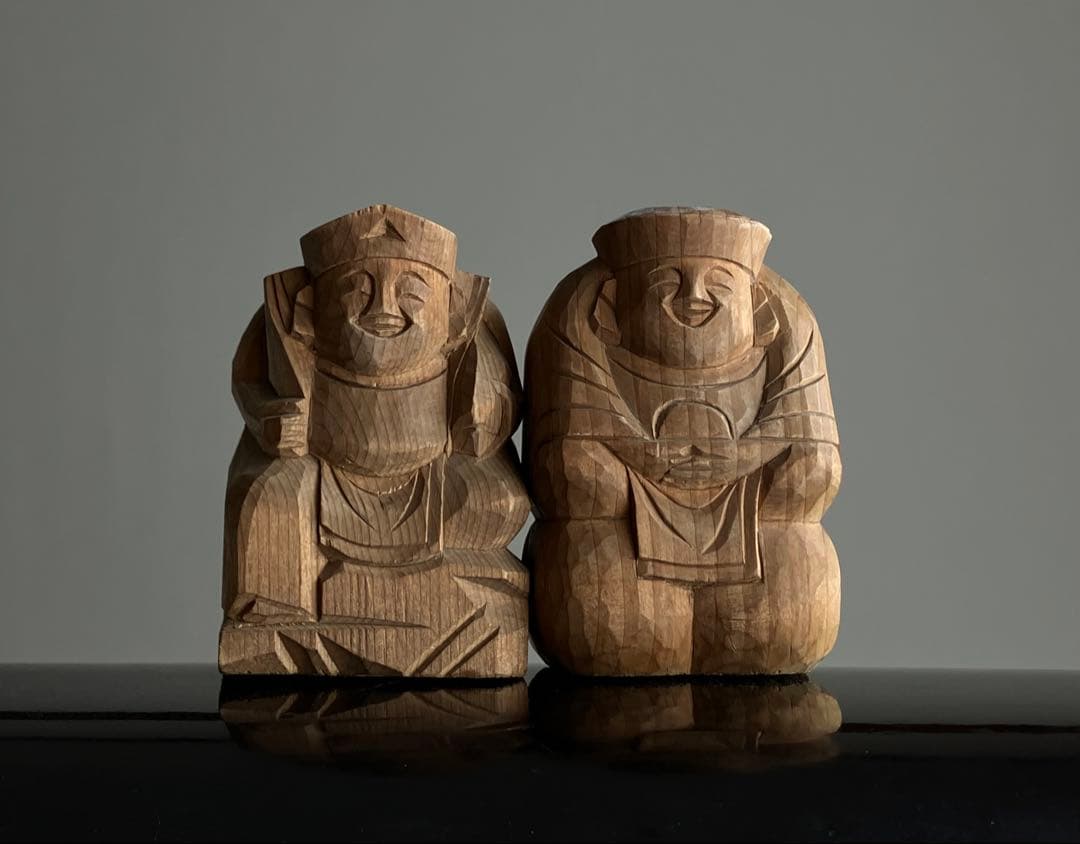 【重ね福 出雲系 恵比寿 大黒天 木彫 約6.5 ㎝ 厨子付き】昭和レトロ民藝