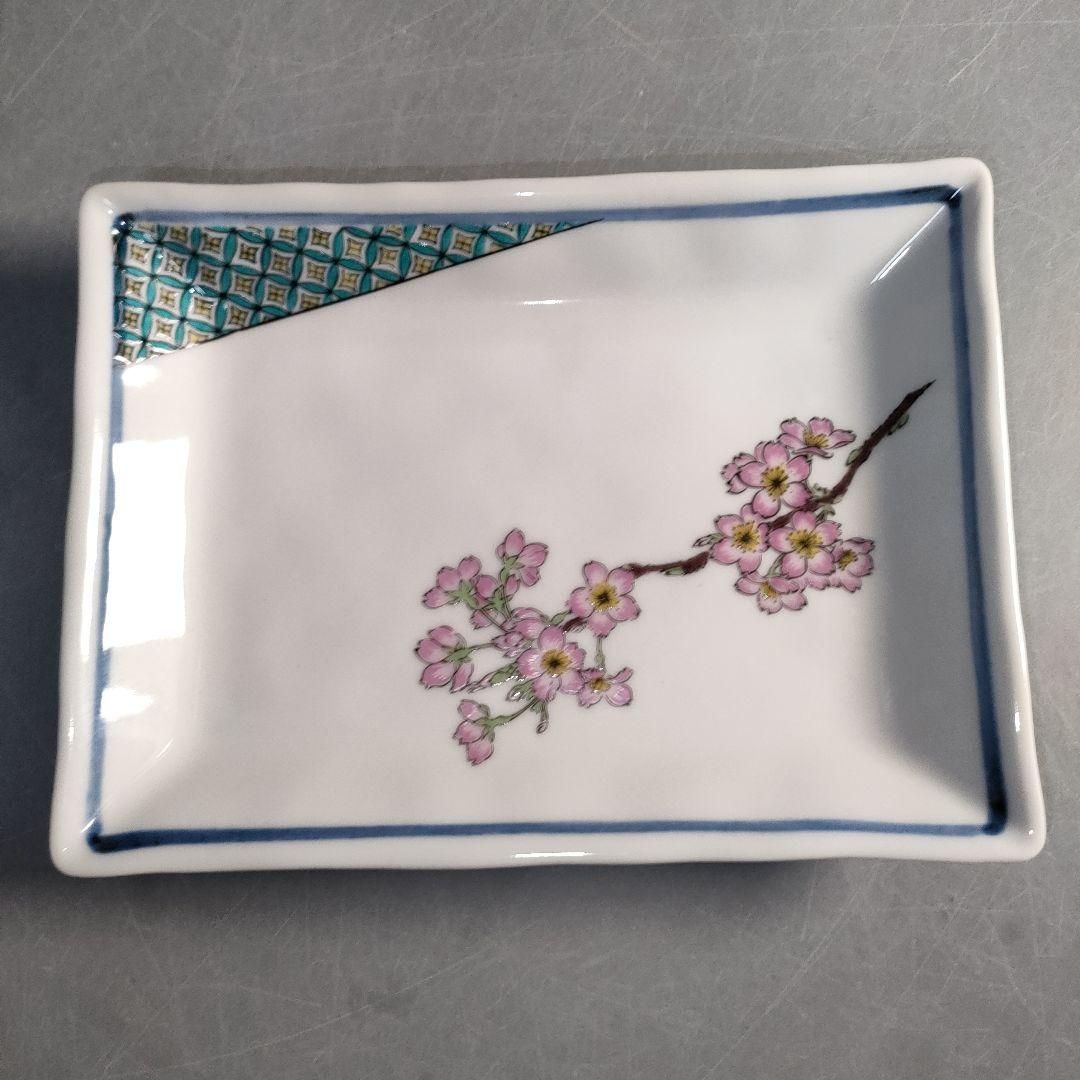 A1296-5/九谷焼/陶全 造/色絵花草文絵替皿揃5客/共箱/角皿/懐石道具/