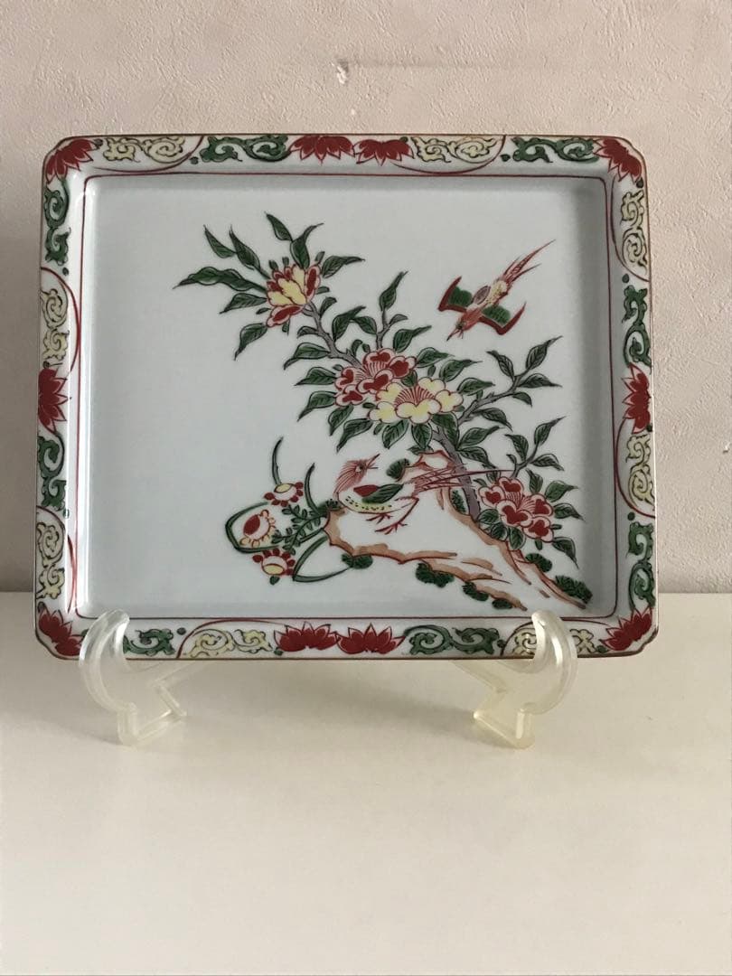 希少品【源右衛門窯・古伊万里】赤絵花鳥文角皿　（1枚）