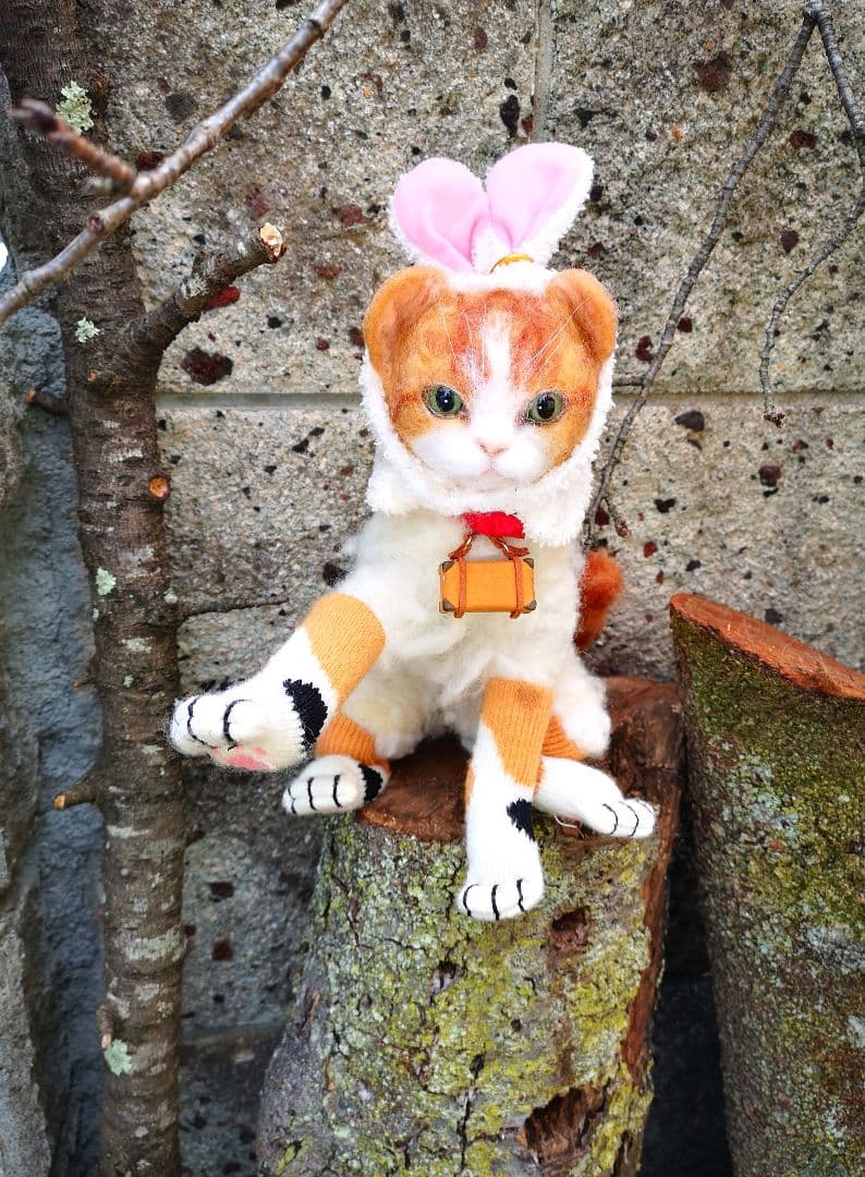 羊毛フェルト/ 猫バニーちゃん・旅猫にゃらん造形作品