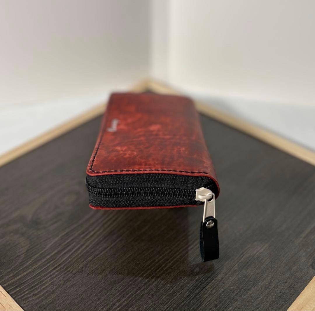 本革 プレミアムレザー ラウンドファスナー 長財布 ハンドメイド レッド 赤 黒