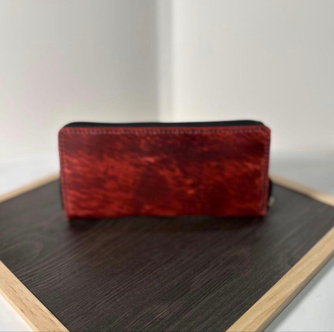 本革 プレミアムレザー ラウンドファスナー 長財布 ハンドメイド レッド 赤 黒