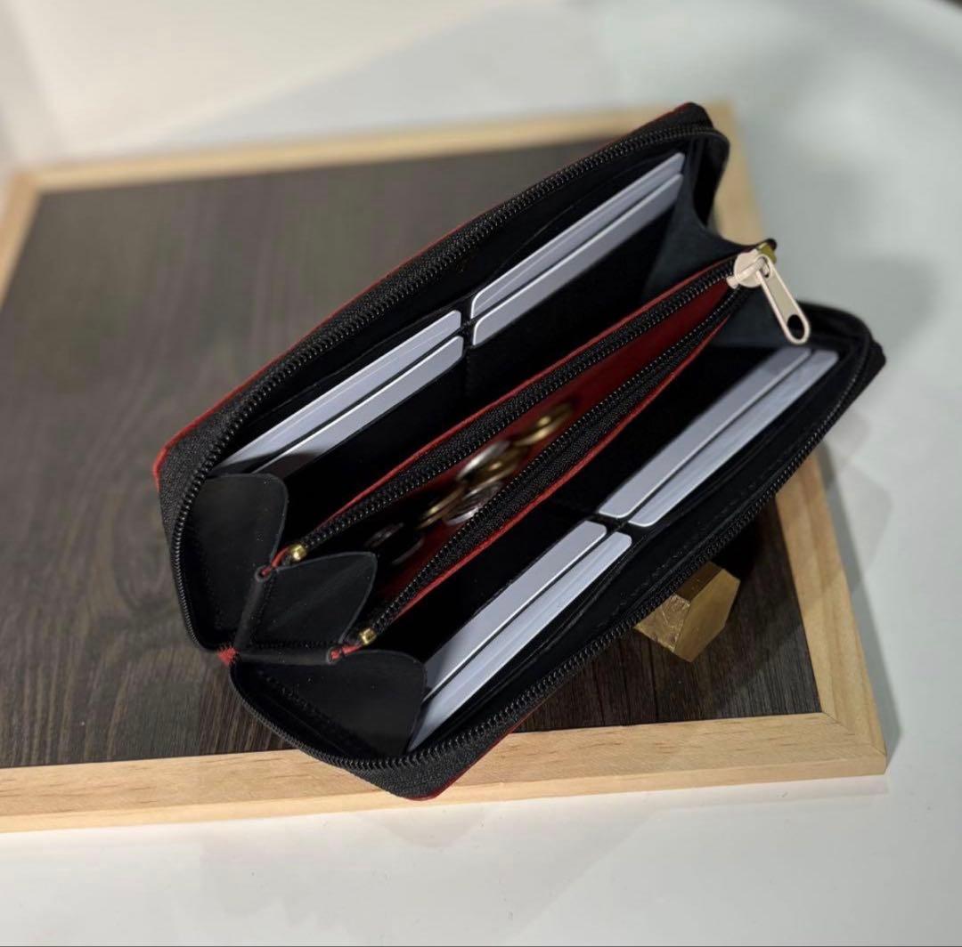 本革 プレミアムレザー ラウンドファスナー 長財布 ハンドメイド レッド 赤 黒