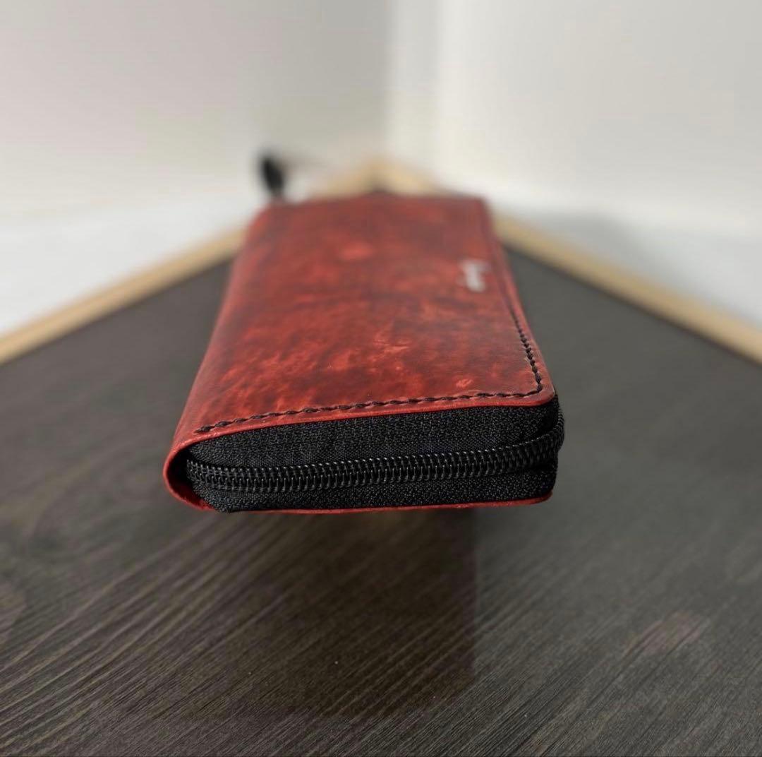 本革 プレミアムレザー ラウンドファスナー 長財布 ハンドメイド レッド 赤 黒