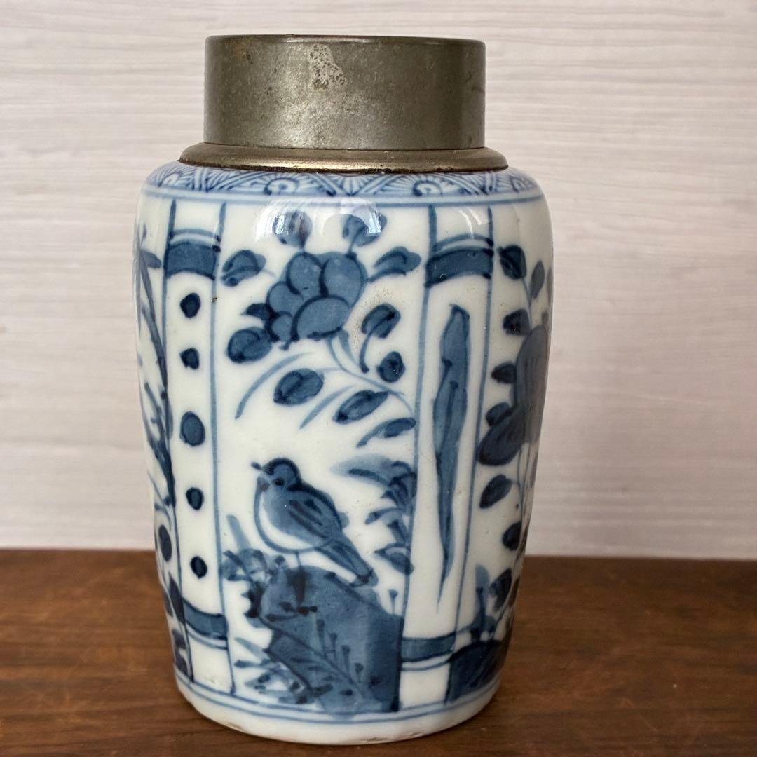 【骨董】染付 茶入 小壺 花鳥文　茶心壺　煎茶道具　茶道具　時代物　古道具