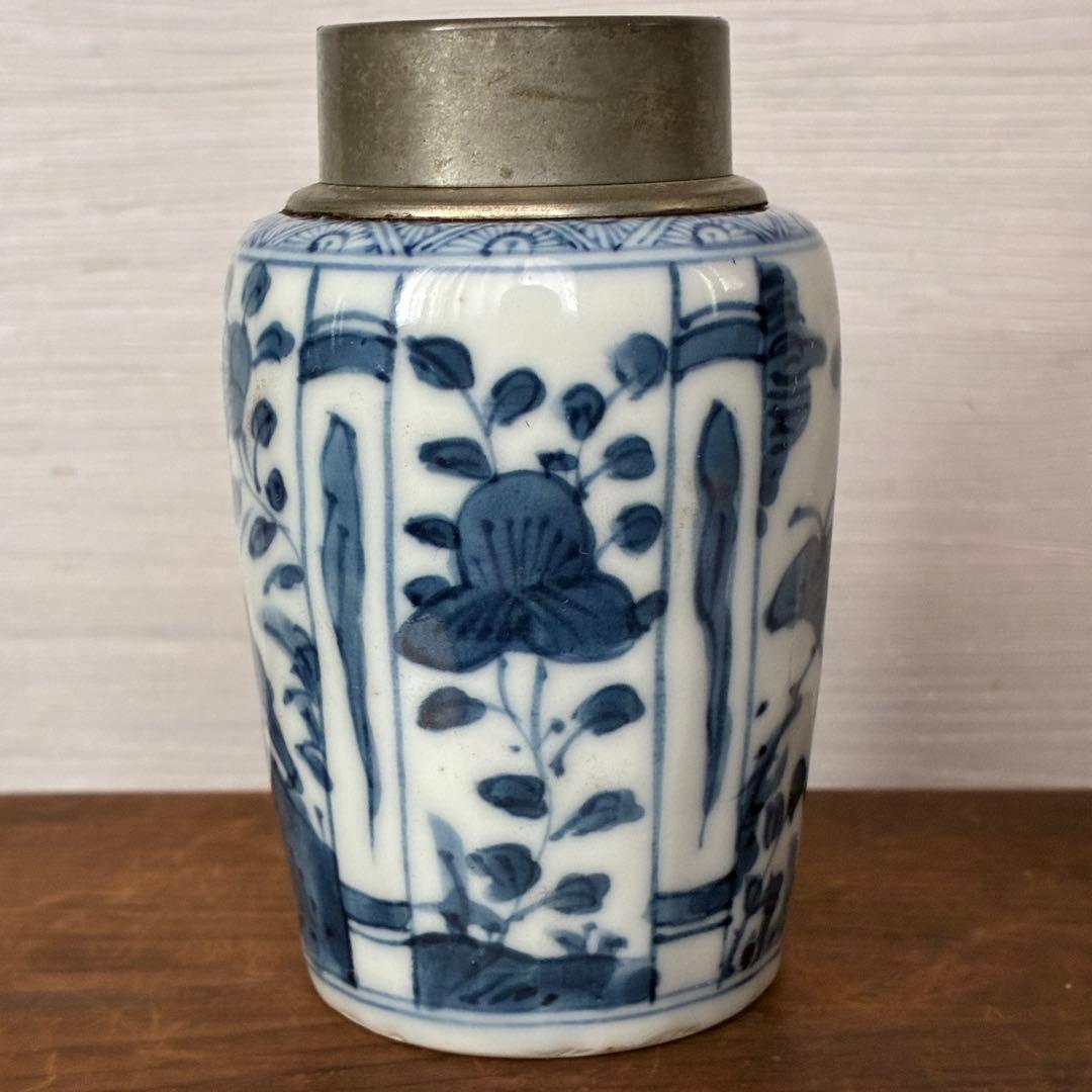 【骨董】染付 茶入 小壺 花鳥文　茶心壺　煎茶道具　茶道具　時代物　古道具