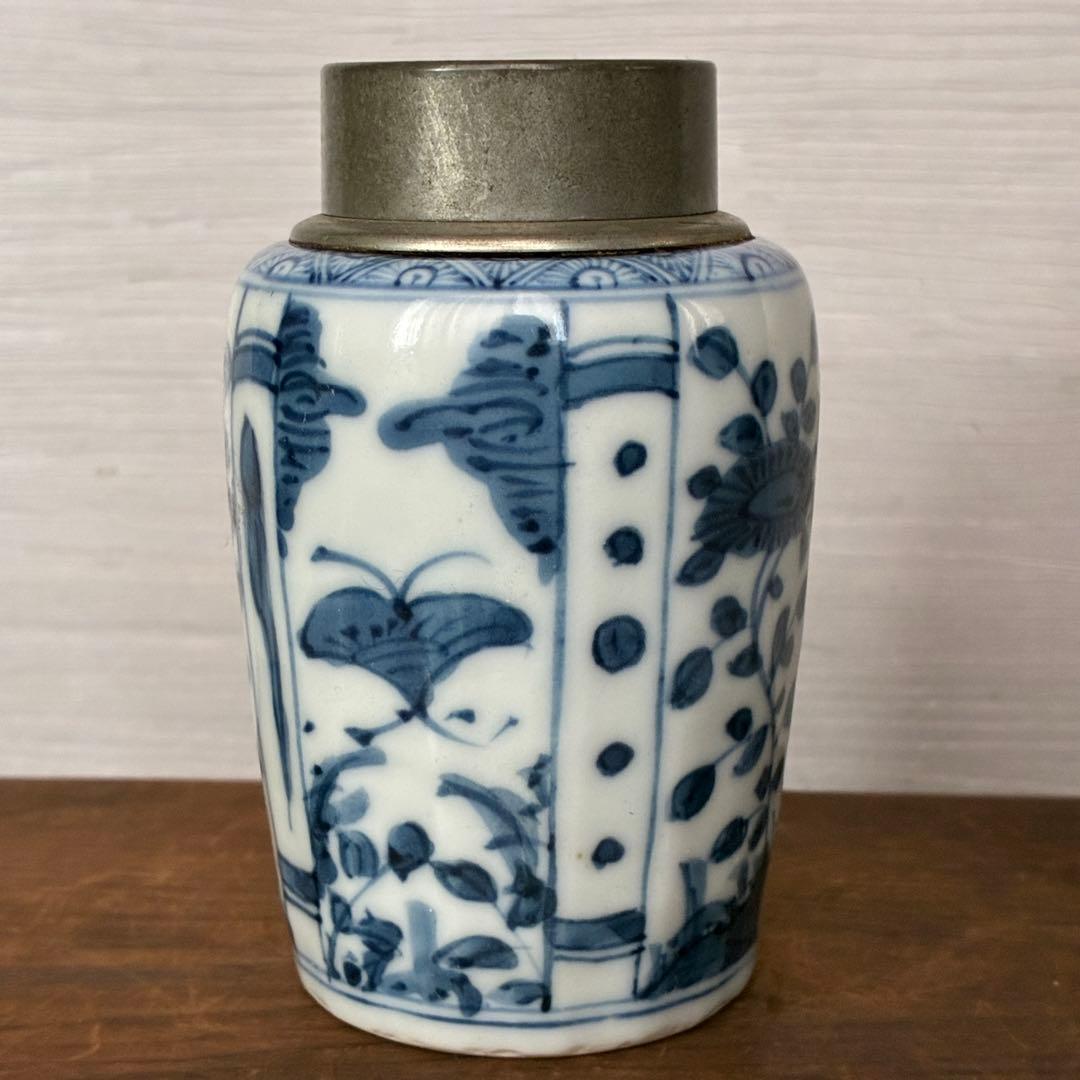 【骨董】染付 茶入 小壺 花鳥文　茶心壺　煎茶道具　茶道具　時代物　古道具