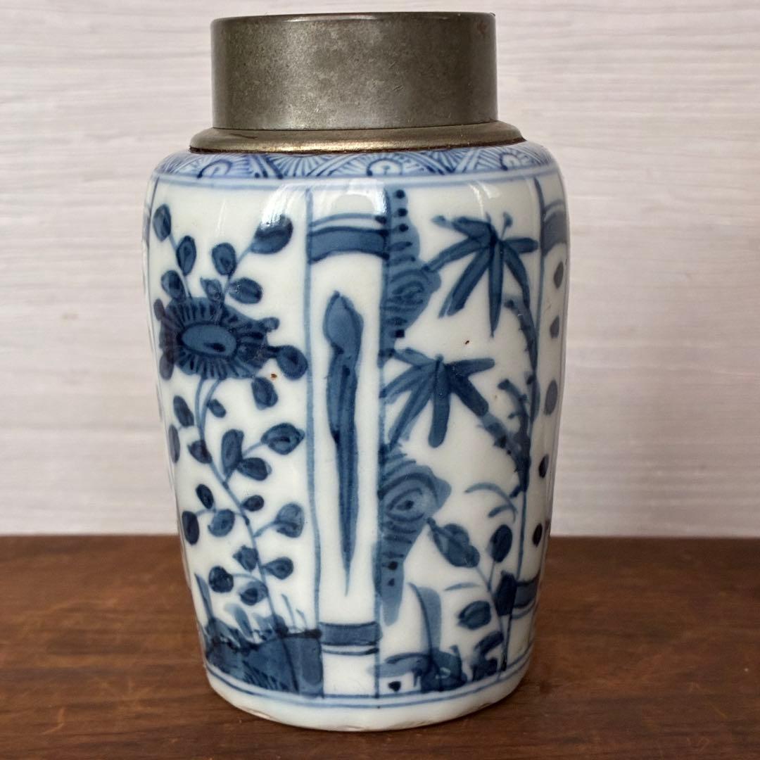 【骨董】染付 茶入 小壺 花鳥文　茶心壺　煎茶道具　茶道具　時代物　古道具