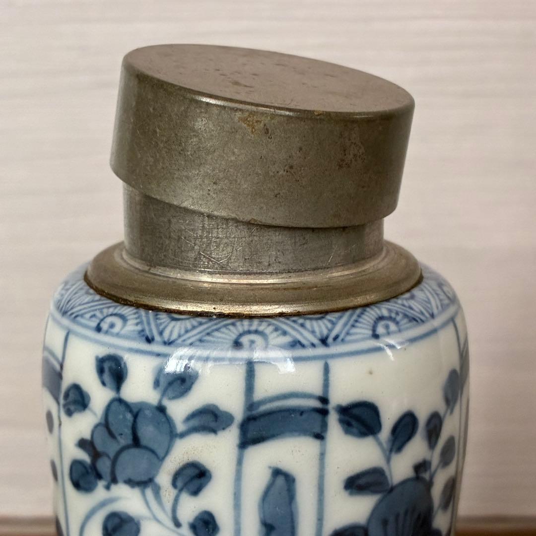 【骨董】染付 茶入 小壺 花鳥文　茶心壺　煎茶道具　茶道具　時代物　古道具