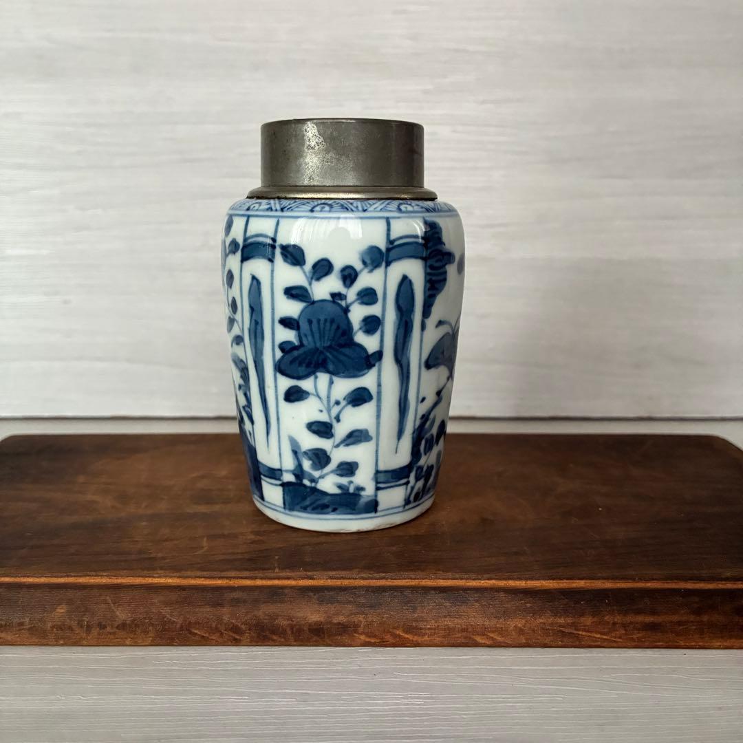 【骨董】染付 茶入 小壺 花鳥文　茶心壺　煎茶道具　茶道具　時代物　古道具