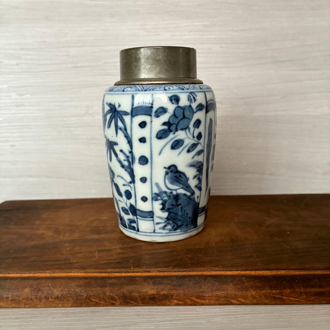 【骨董】染付 茶入 小壺 花鳥文　茶心壺　煎茶道具　茶道具　時代物　古道具