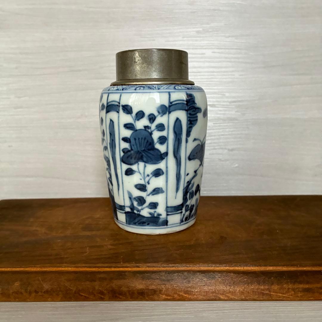 【骨董】染付 茶入 小壺 花鳥文　茶心壺　煎茶道具　茶道具　時代物　古道具
