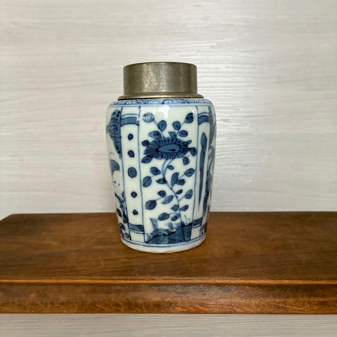 【骨董】染付 茶入 小壺 花鳥文　茶心壺　煎茶道具　茶道具　時代物　古道具