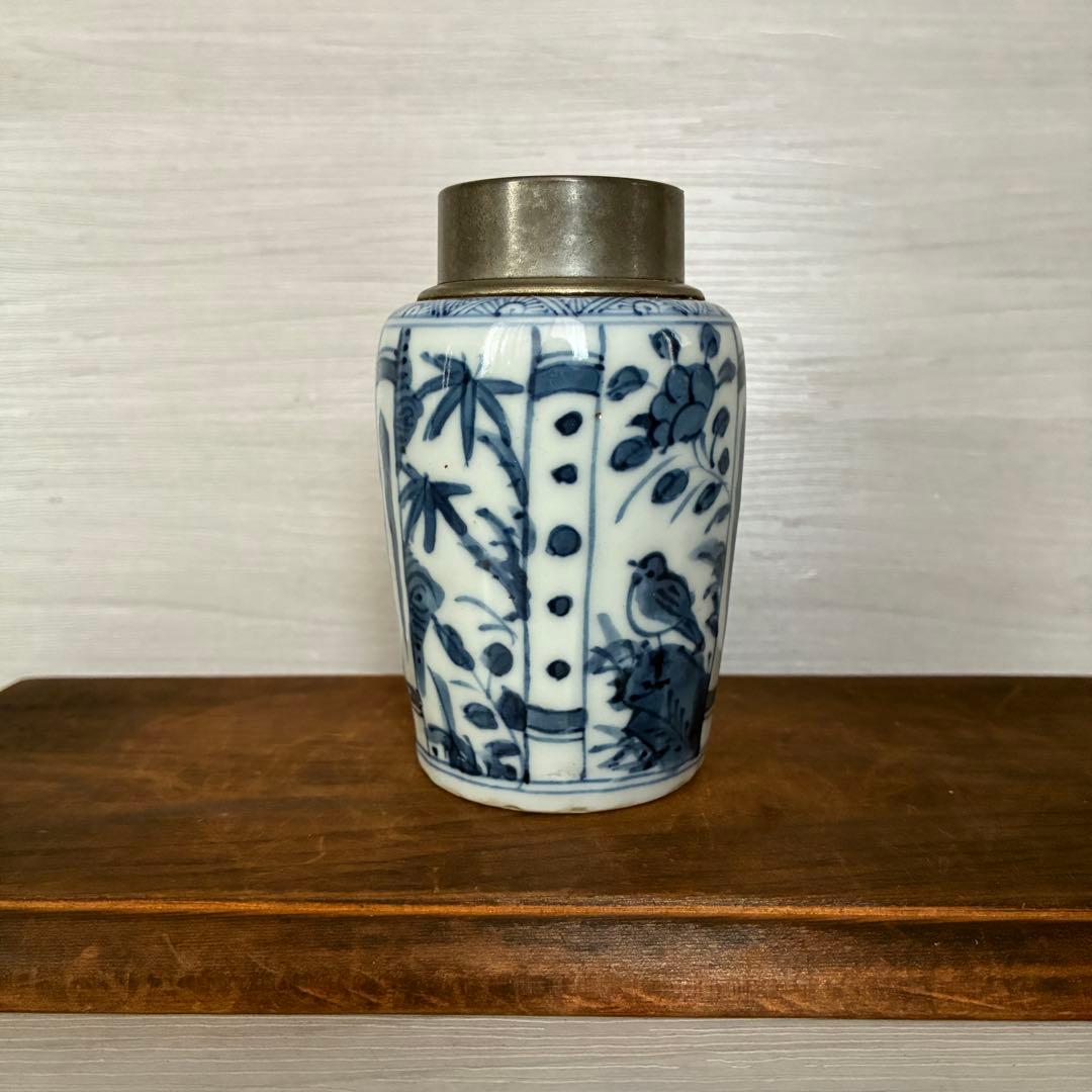 【骨董】染付 茶入 小壺 花鳥文　茶心壺　煎茶道具　茶道具　時代物　古道具