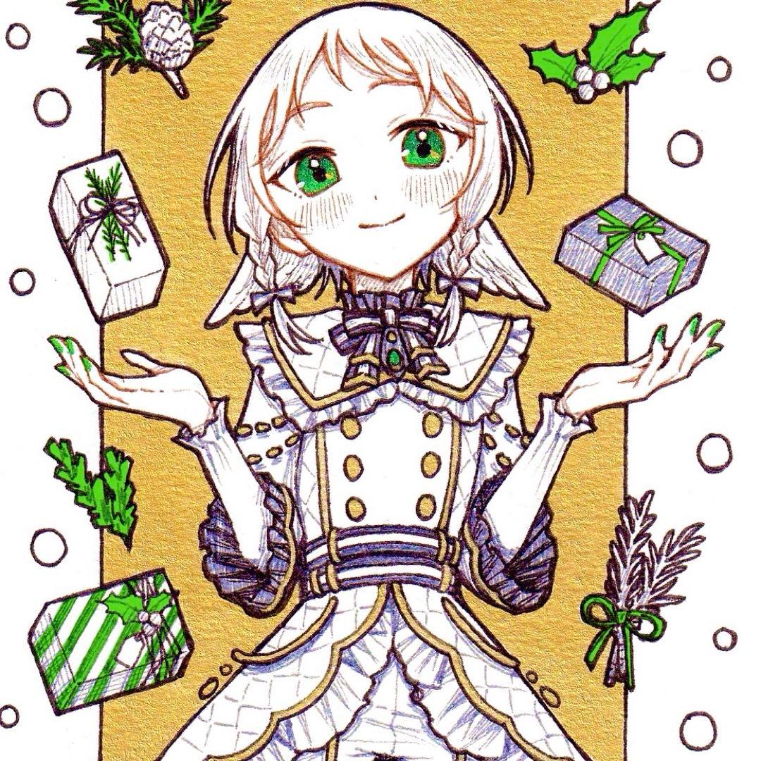 手描きイラスト オリジナル 創作 原画 ドローイング クリスマス 天使 金 緑