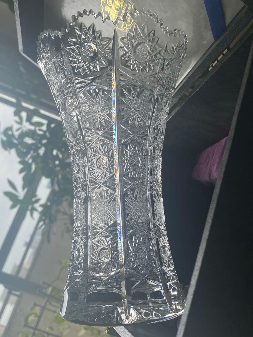 ボヘミアクリスタル フラワ-ベ-ス ハンドカット チェコ 新品ケース付