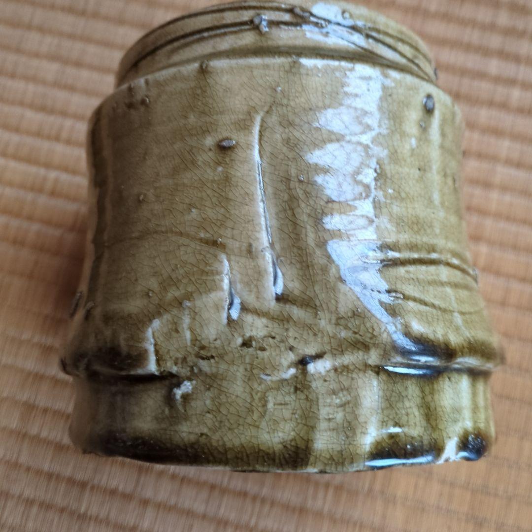 蓋付き陶器壺 木箱付き　伊賀竹節水指　骨董品